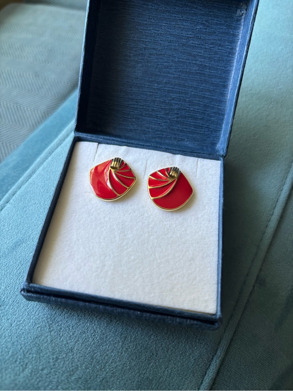 Vintage Trifari Red Enamel Gold Tone Pierced Earrings